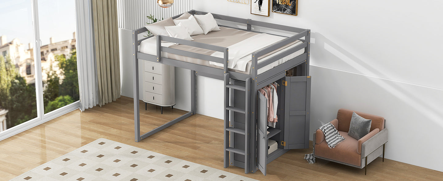 Wood Full Size Loft Bed with Built-in Wardrobe and Storage Shelves, Led light, Gray image 12