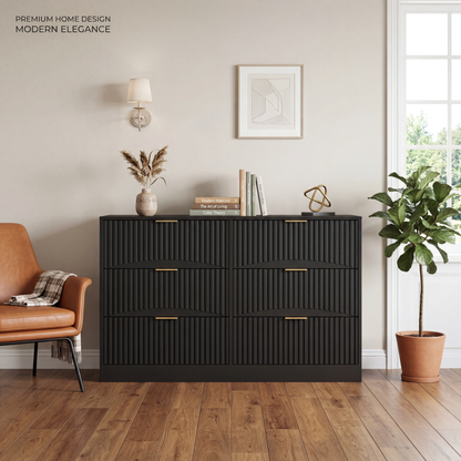 Modern 6-Drawer Dresser, Chest of Drawers for Bedroom, Living Room, Hallway, and Entryway - Large Storage Cabinet, Black,Drawer panel with wavy patterns image 2