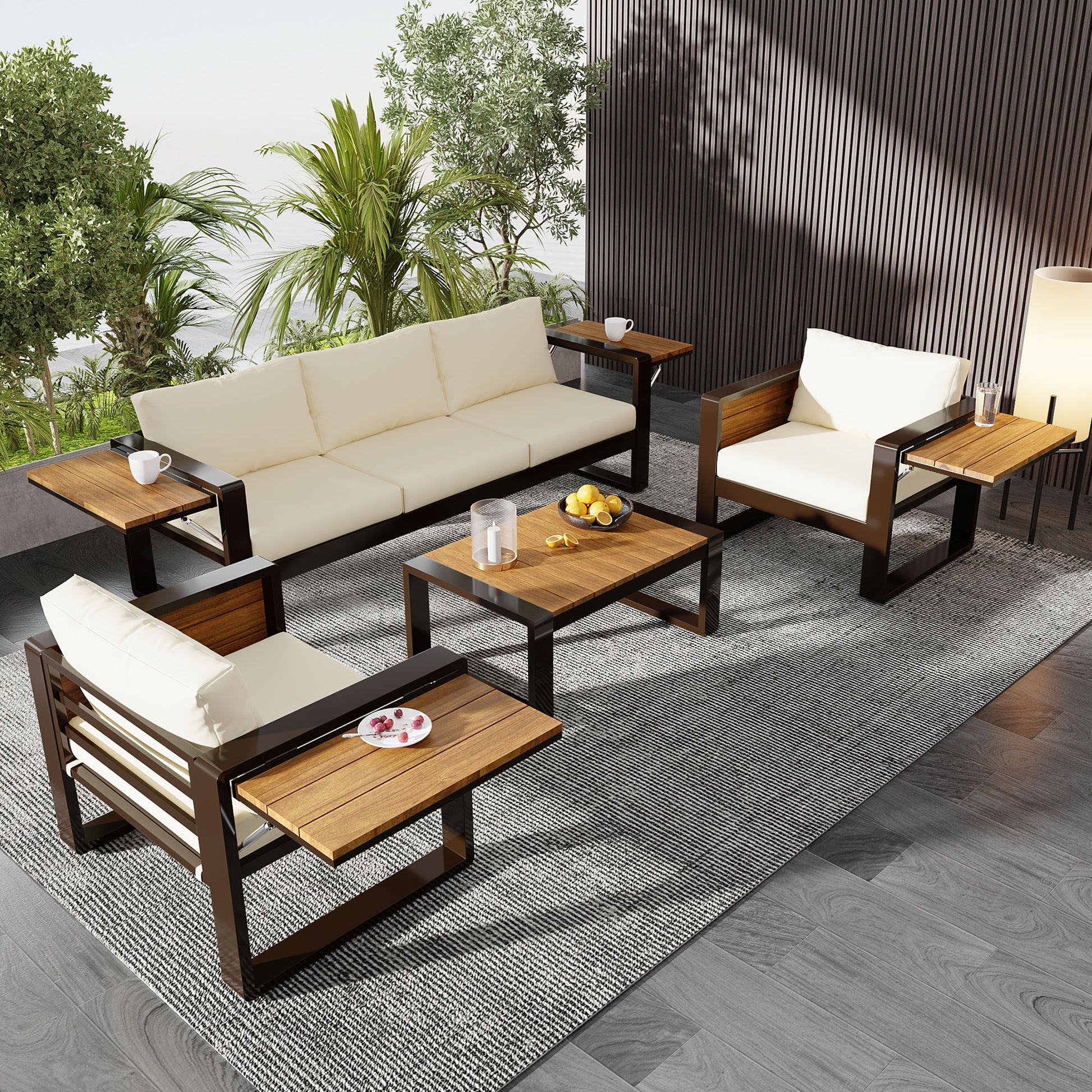 Aluminum Frame Large 4-Piece Outdoor Patio Furniture Set for 5 Person, 3-Seater Sofa, 2 Armchairs with Fold-Out Side Tables, Modern Garden/Patio Seating, All-Weather Use, Beige Cushions image 1