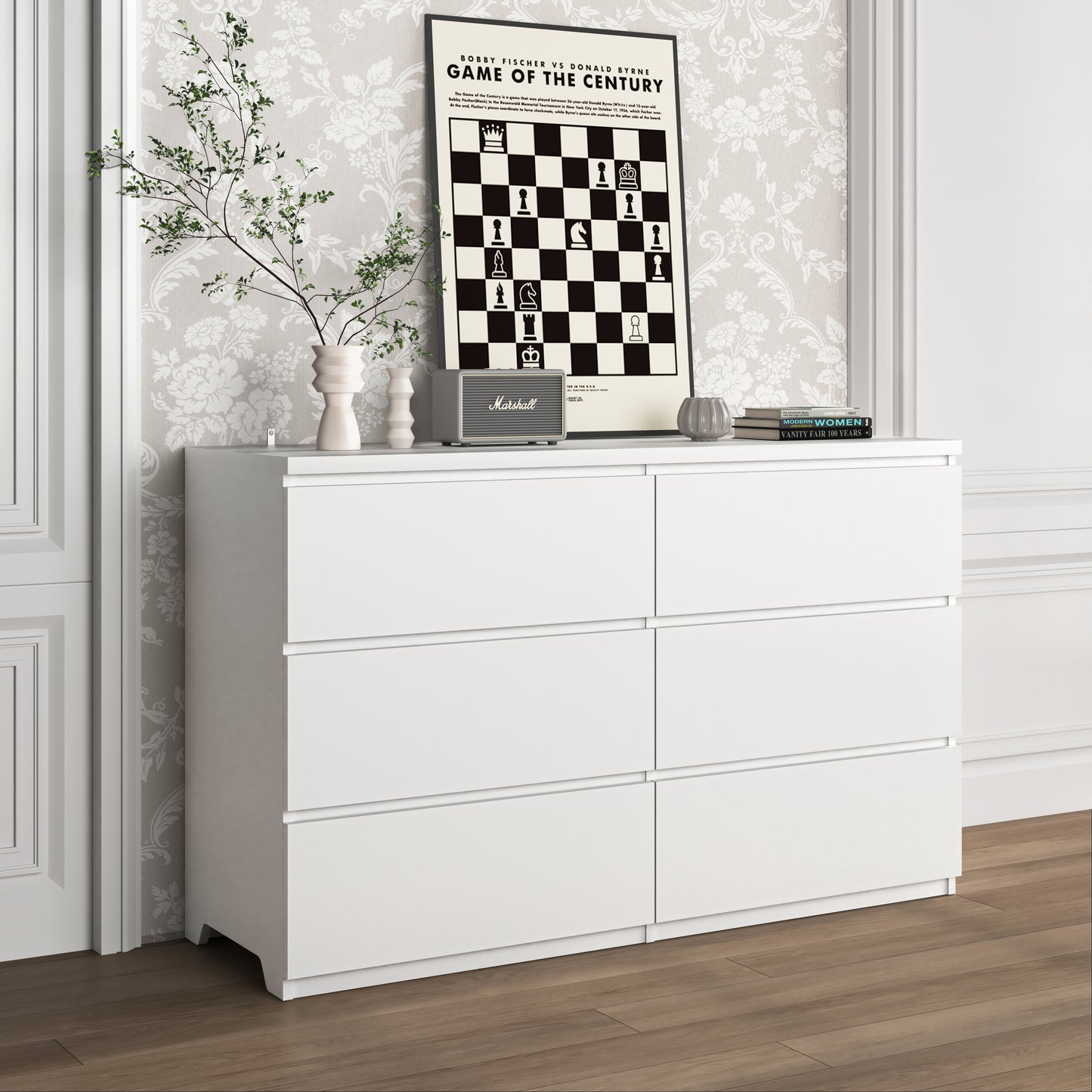 6 Drawer Storage Cabinet,Dresser, Wood Storage Tower Clothes Organizer, Wide Chest of 6 Drawers, Large Storage Space for Bedroom, Hallway, Entryway Living Room White image 6