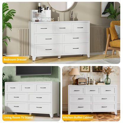 7-Drawer Dresser, Wide Low-Profile Storage Cabinet, White Metal Chest of Drawers for Bedroom, Living Room & Entryway image 4