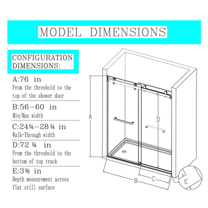 For 56-60 inches * 76 inches Frameless Double Sliding Shower Door in Brushed Gold, 3/8 inches (10mm) Thick SGCC Tempered Glass Door, Reversible Installation, No Soft-Close image 7