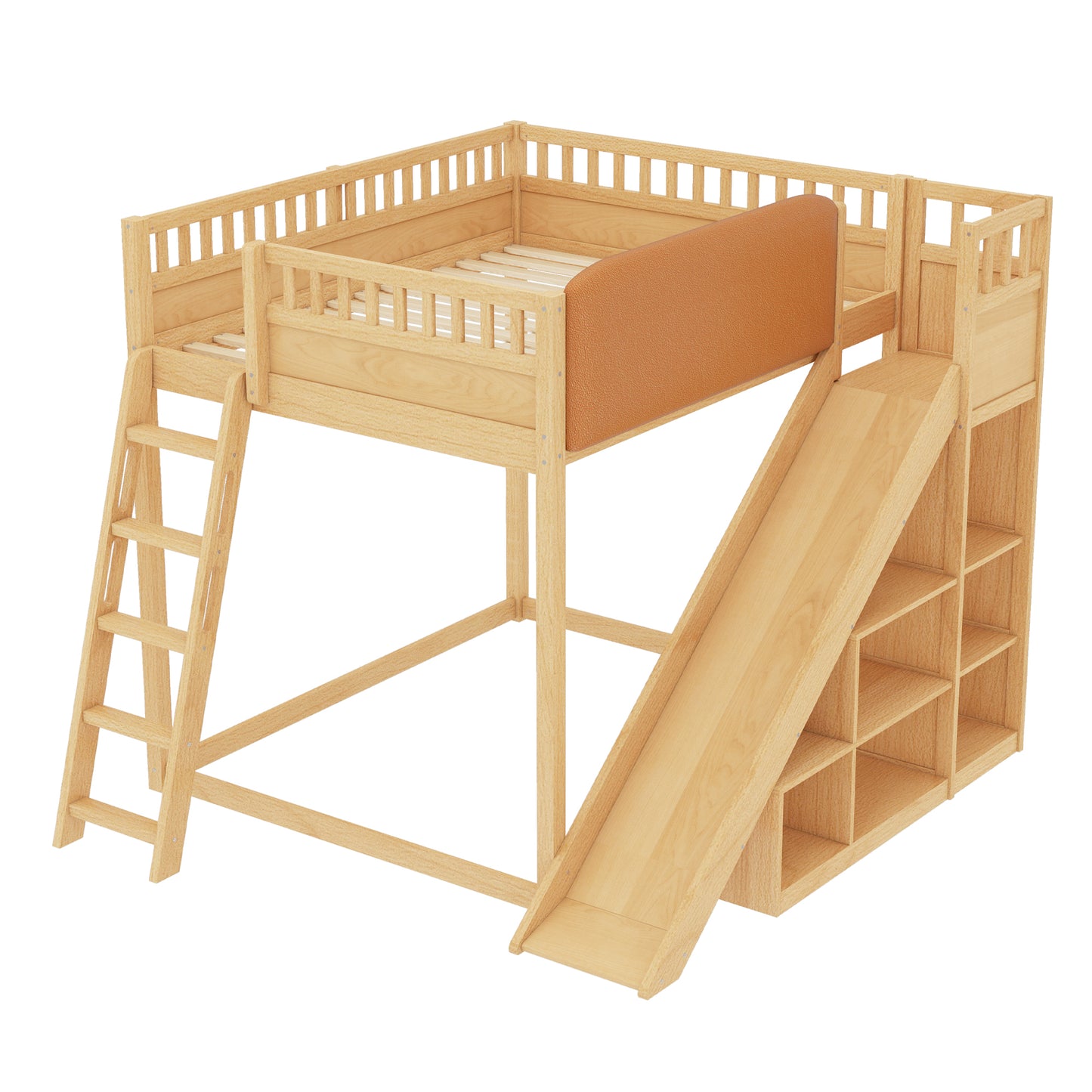 Full Size Loft Bed with upholstered headboard and storage shelves, complete with ladder and slide, Natural image 5