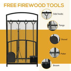 HOMCOM Firewood Rack with Fireplace Tools, Indoor Outdoor Firewood Holder for Fireplace, Wood Stove, Hearth or Fire Pit, Wood Storage Log Rack Includes Poker, Tongs, Broom, Shovel, Black