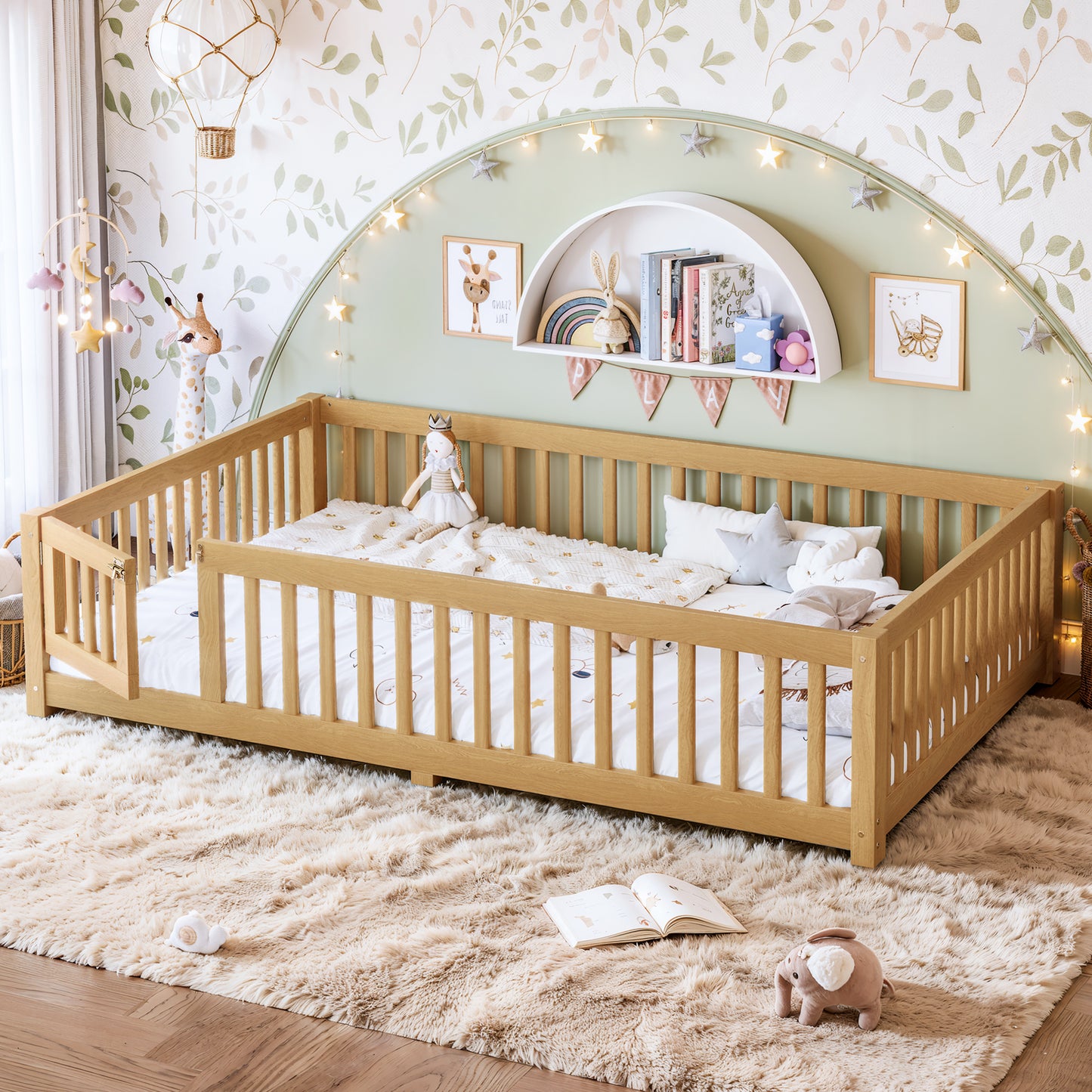 Queen Size Bed Floor Bed with Safety Guardrails and Door for Kids, Natural image 1