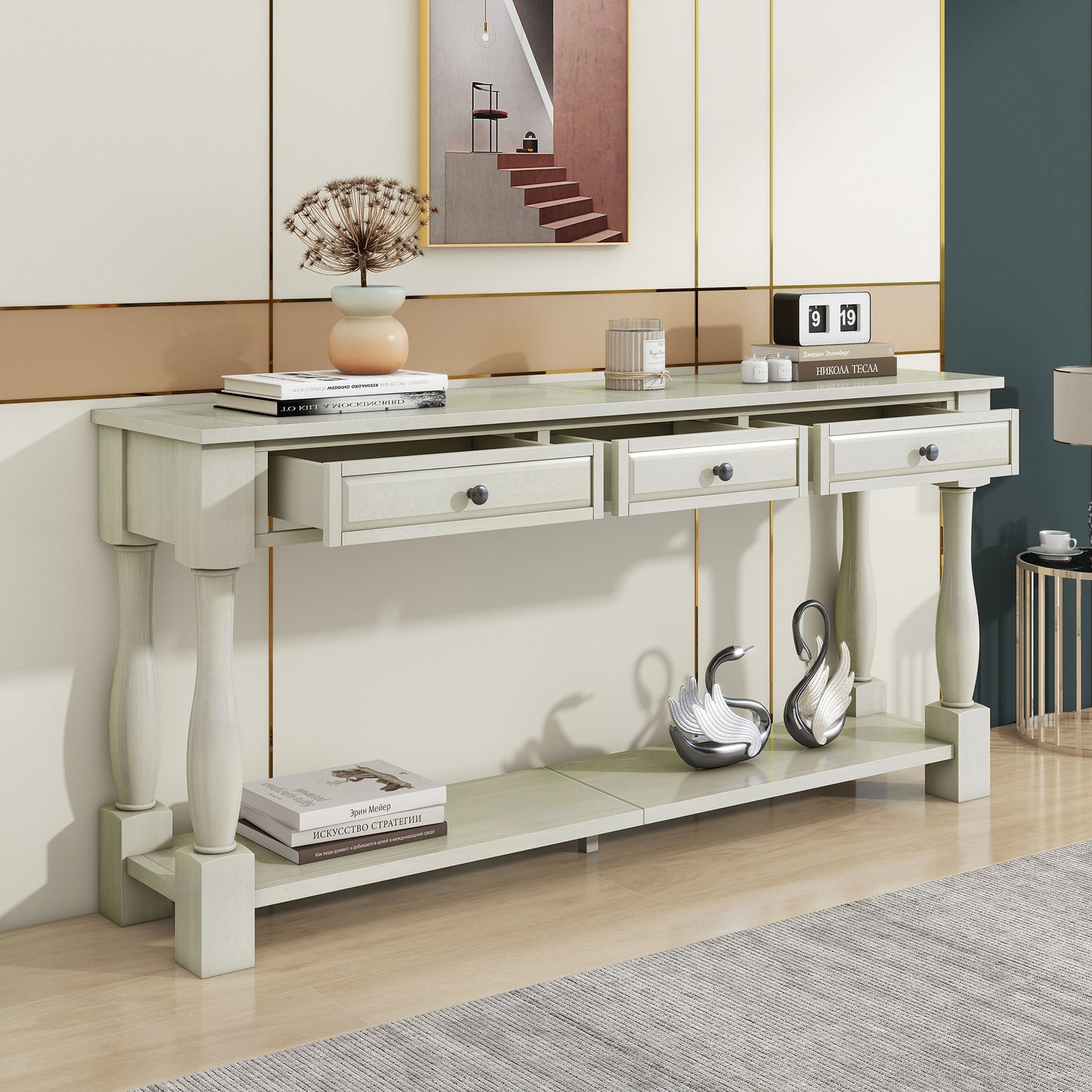 TREXM Console Table 63" Long Console Table with Drawers and Shelf for Entryway, Hallway, Living Room (Antique White, OLD SKU: WF314993AAK) image 11