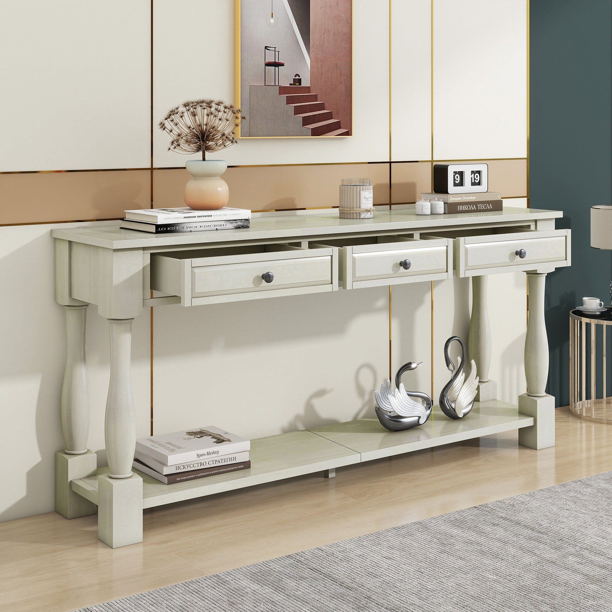 TREXM Console Table 63" Long Console Table with Drawers and Shelf for Entryway, Hallway, Living Room (Antique White, OLD SKU: WF314993AAK) image 11