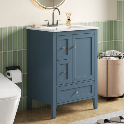 [Video] 24" Modern Blue Gray Bathroom Vanity with Ceramic Sink, Solid Wood Legs, Soft-Close Drawers & Door, Storage Rack, Painted Surface Finish image 2