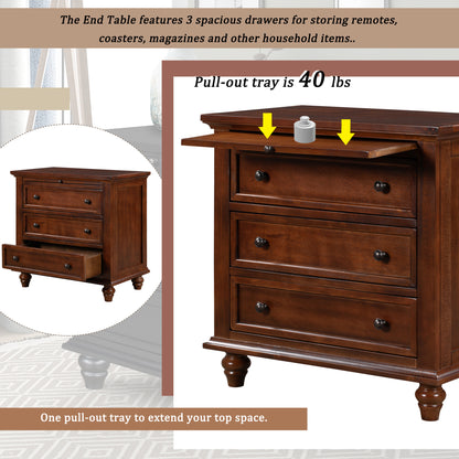 U_STYLE 27.6''Nightstand with Pine Wood veneer, Fashion Bedside Cabinet with 3 Drawers and pull-out tray, Minimalist Sofa Side Table with rubber legs and Metal handle for Bedroom Sofa Couch Office image 3
