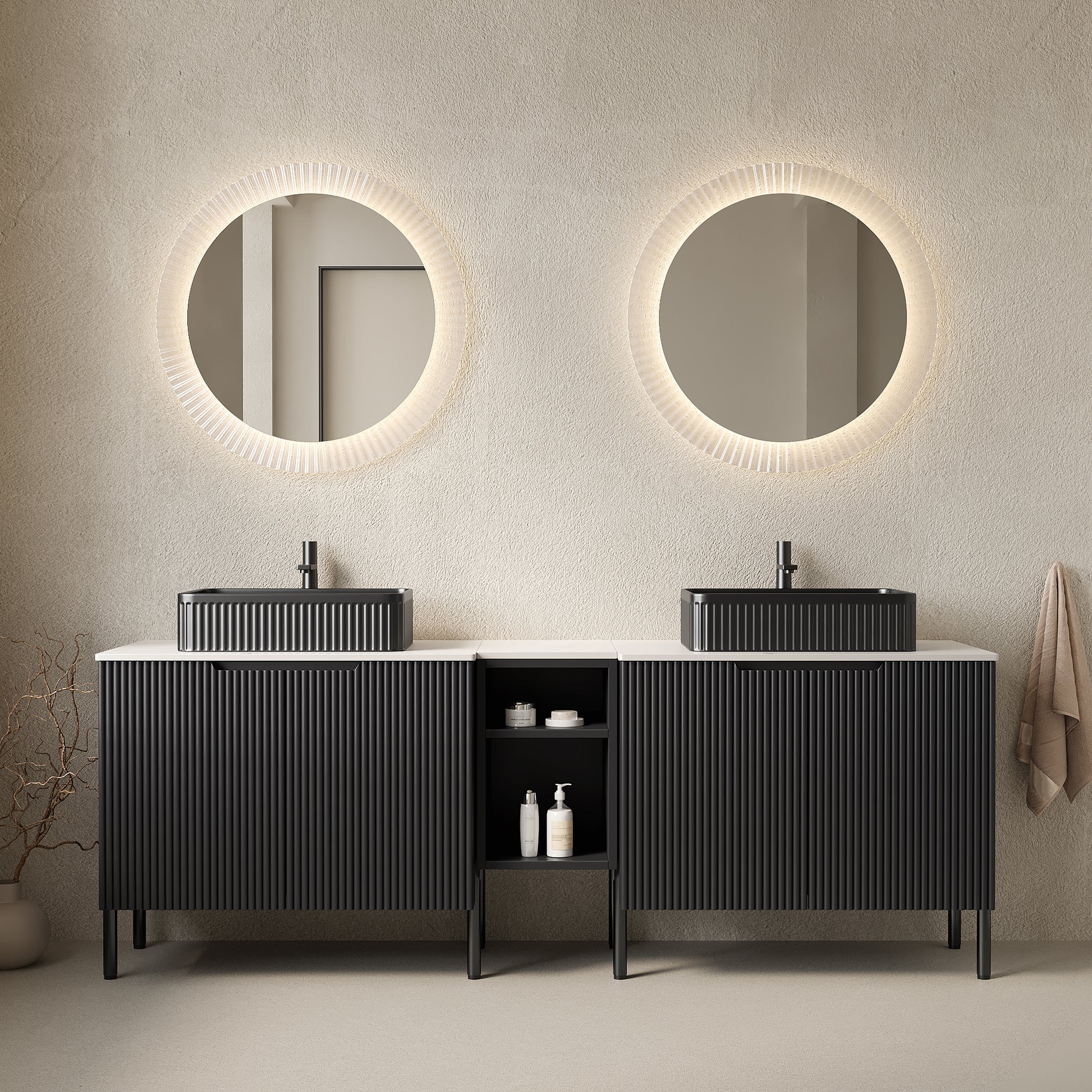 TURIO 72" Freestanding Double Bathroom Vanity with Sinks, 2x30" Striped Storage Cabinets + 12" Removable Open Shelf, 2 Black Striped Rectangle Vessel Basins with Carrara White Countertop, Black image 1