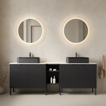 TURIO 72" Freestanding Double Bathroom Vanity with Sinks, 2x30" Striped Storage Cabinets + 12" Removable Open Shelf, 2 Black Striped Rectangle Vessel Basins with Carrara White Countertop, Black image 1