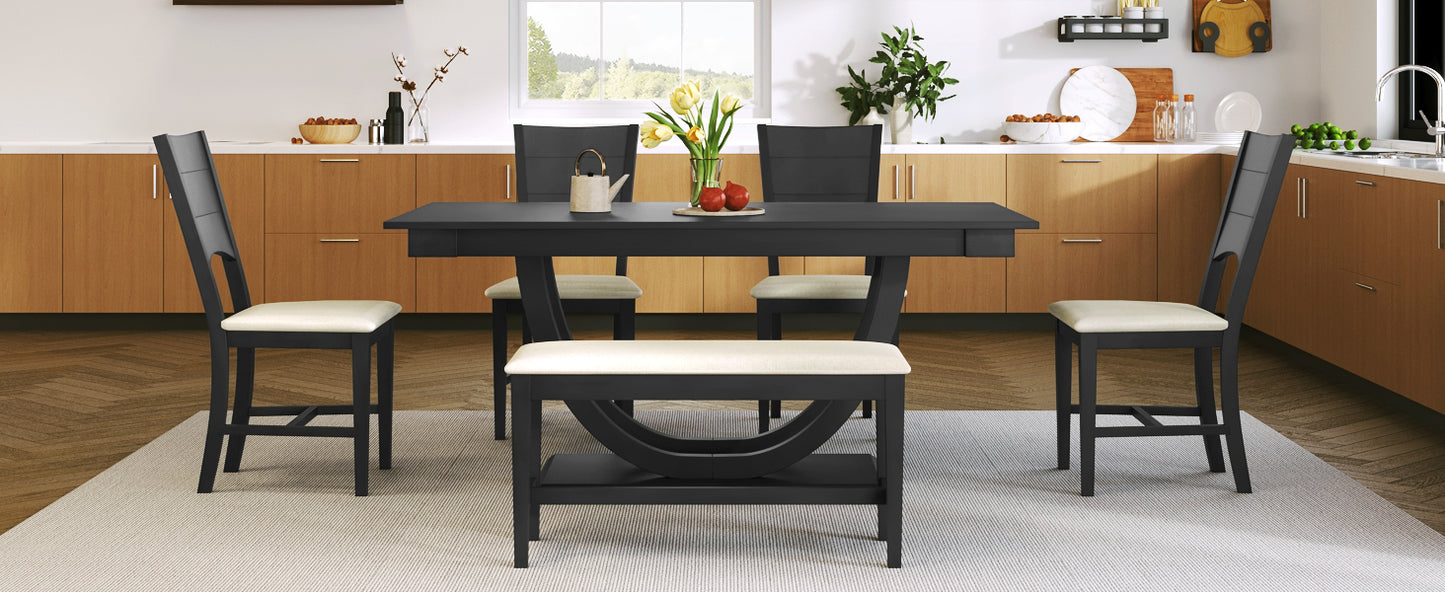 TOPMAX 6-Piece Wood Half Round Dining Table Set Kitchen Table Set with Long Bench and 4 Dining Chairs, Modern Style, Gray image 4