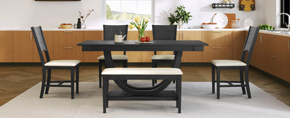 TOPMAX 6-Piece Wood Half Round Dining Table Set Kitchen Table Set with Long Bench and 4 Dining Chairs, Modern Style, Gray image 4