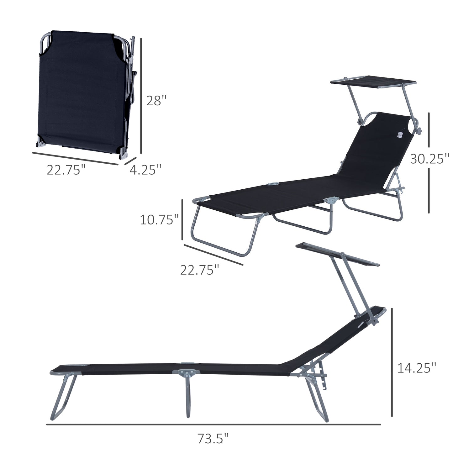 Outsunny Outdoor Lounge Chair, Adjustable Folding Chaise Lounge, Tanning Chair with Sun Shade for Beach, Camping, Hiking, Backyard, Black image 3