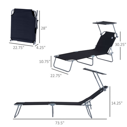 Outsunny Outdoor Lounge Chair, Adjustable Folding Chaise Lounge, Tanning Chair with Sun Shade for Beach, Camping, Hiking, Backyard, Black image 3