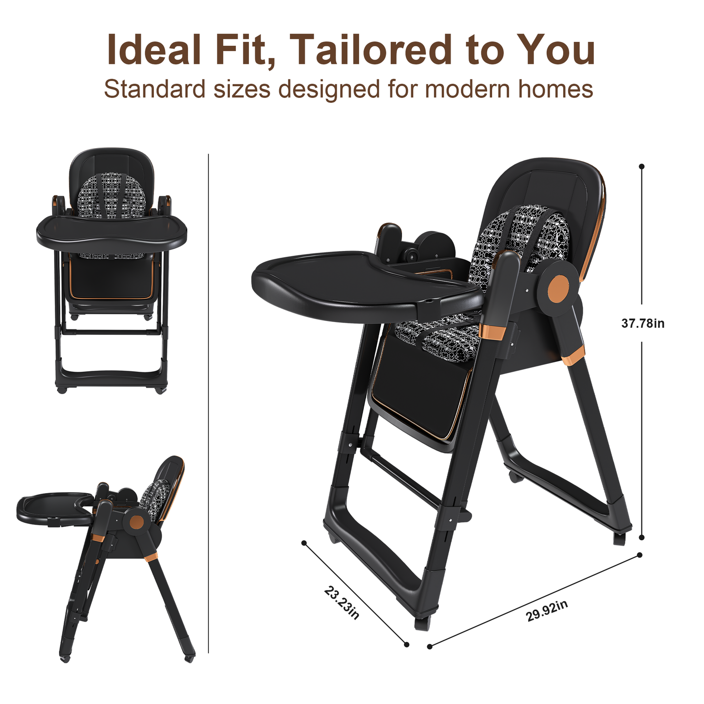 Convertible Baby High Chair to Rocker with 5-Point Harness, Foldable Infant Feeding Chair with Silent Locking Wheels & Removable 2-Tier Easy-Clean Tray for 6M-3Yrs(Black) image 3