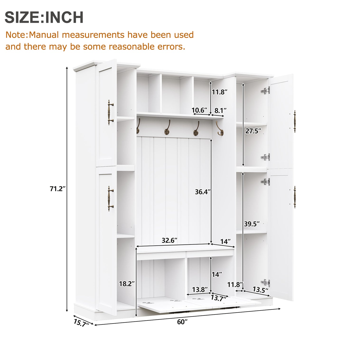 ON-TREND Farmhouse Elegant Hall Tree with 4 Side Cabinets, All-in-One Mudroom Furniture with Adjustable Shelves & Open Cubbies, Beadboard Entryway Bench with Coat Rack & 5 Hooks for Hallway, White image 7