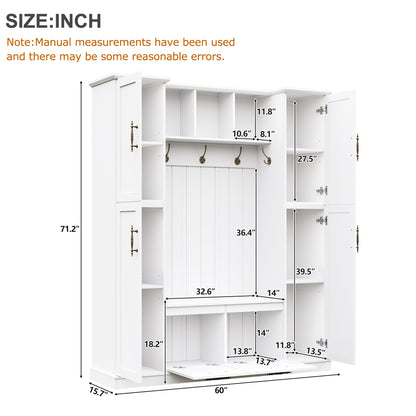 ON-TREND Farmhouse Elegant Hall Tree with 4 Side Cabinets, All-in-One Mudroom Furniture with Adjustable Shelves & Open Cubbies, Beadboard Entryway Bench with Coat Rack & 5 Hooks for Hallway, White image 7