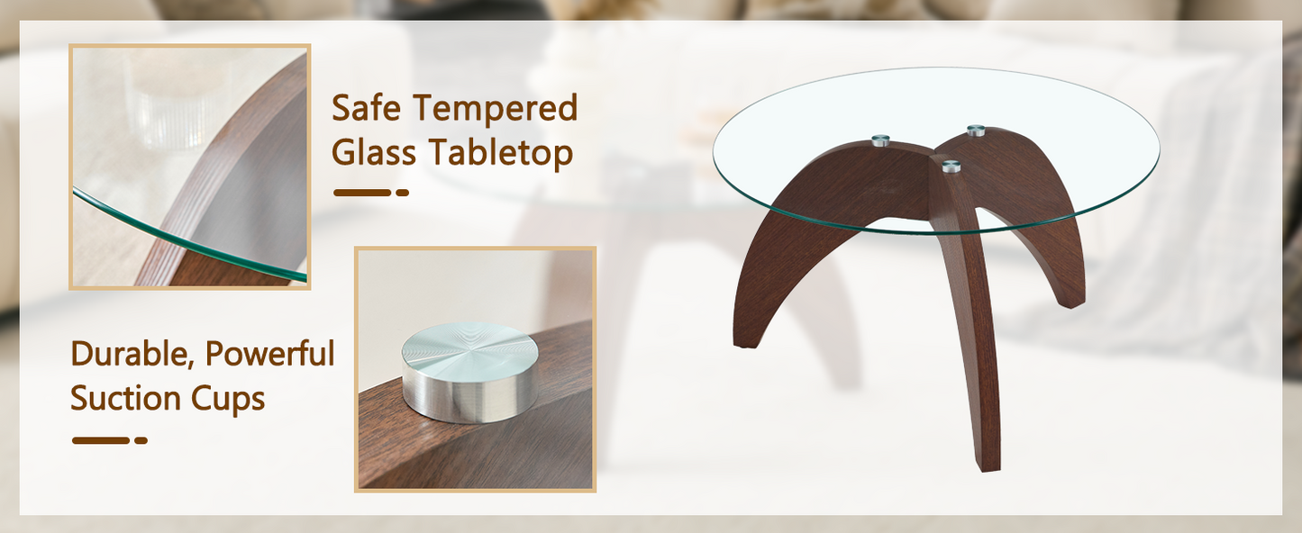 Creative claw-style triangular-leg round coffee table, approximately 27.5 inches in diameter, featuring a clear tempered glass top and walnut-colored MDF. Perfect as a living room coffee table,etc. image 9