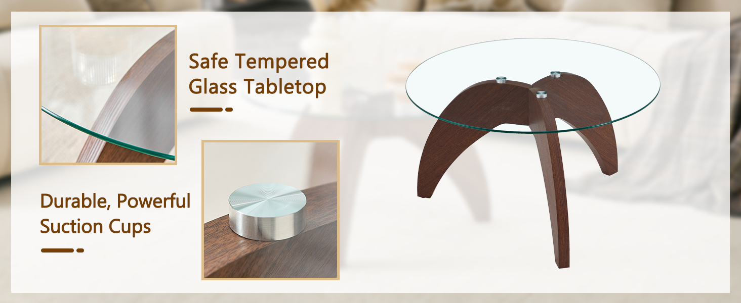 Creative claw-style triangular-leg round coffee table, approximately 27.5 inches in diameter, featuring a clear tempered glass top and walnut-colored MDF. Perfect as a living room coffee table,etc. image 9