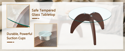 Creative claw-style triangular-leg round coffee table, approximately 27.5 inches in diameter, featuring a clear tempered glass top and walnut-colored MDF. Perfect as a living room coffee table,etc. image 9