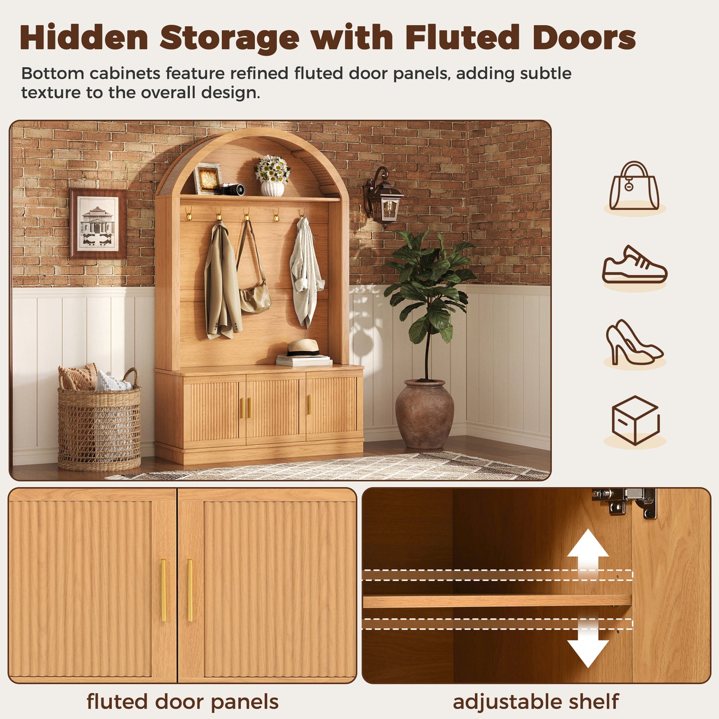 Farmhouse Fabric Arched Top Hall Tree with 5 Metal Hooks, All-in-One Mudroom Furniture with Adjustable Shelves, Mid-Century Fluted Door Entryway Bench with Wood Grain Finish for Hallway, Natural image 5