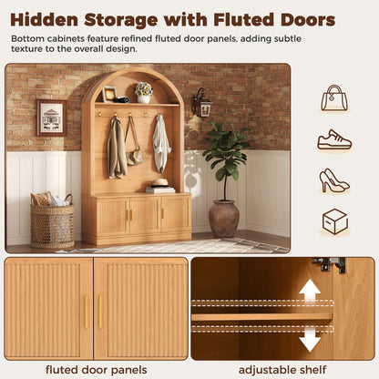 Farmhouse Fabric Arched Top Hall Tree with 5 Metal Hooks, All-in-One Mudroom Furniture with Adjustable Shelves, Mid-Century Fluted Door Entryway Bench with Wood Grain Finish for Hallway, Natural image 5