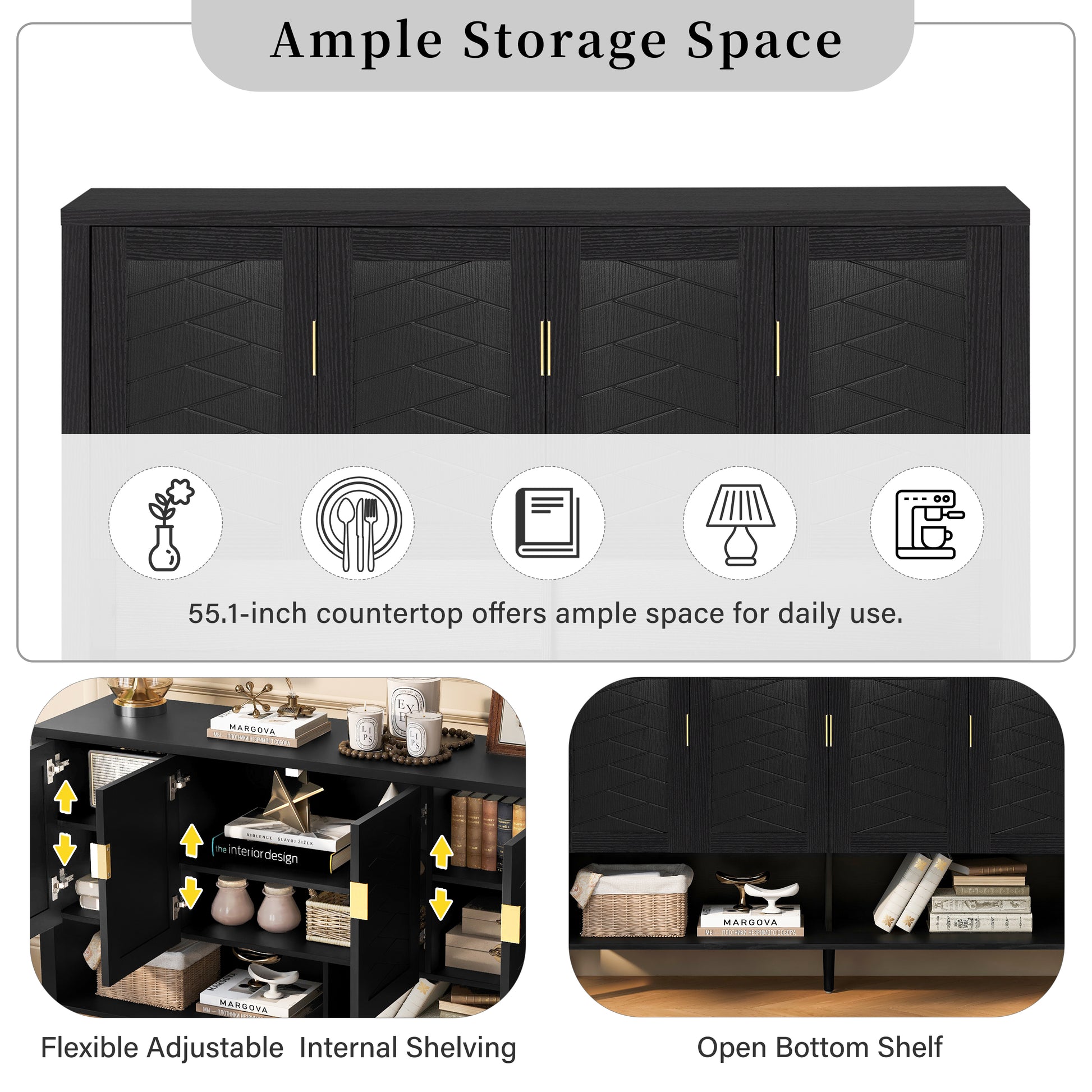 U_STYLE 55.1''Storage Sideboard with 4-Doors,Multi Functional Buffet with Open Shelf and 2-Tiers Adjustable Shelves,Modern Cabinet with Double Hooks,Suitable for Living Room, Hallway, Dining,Office. image 11