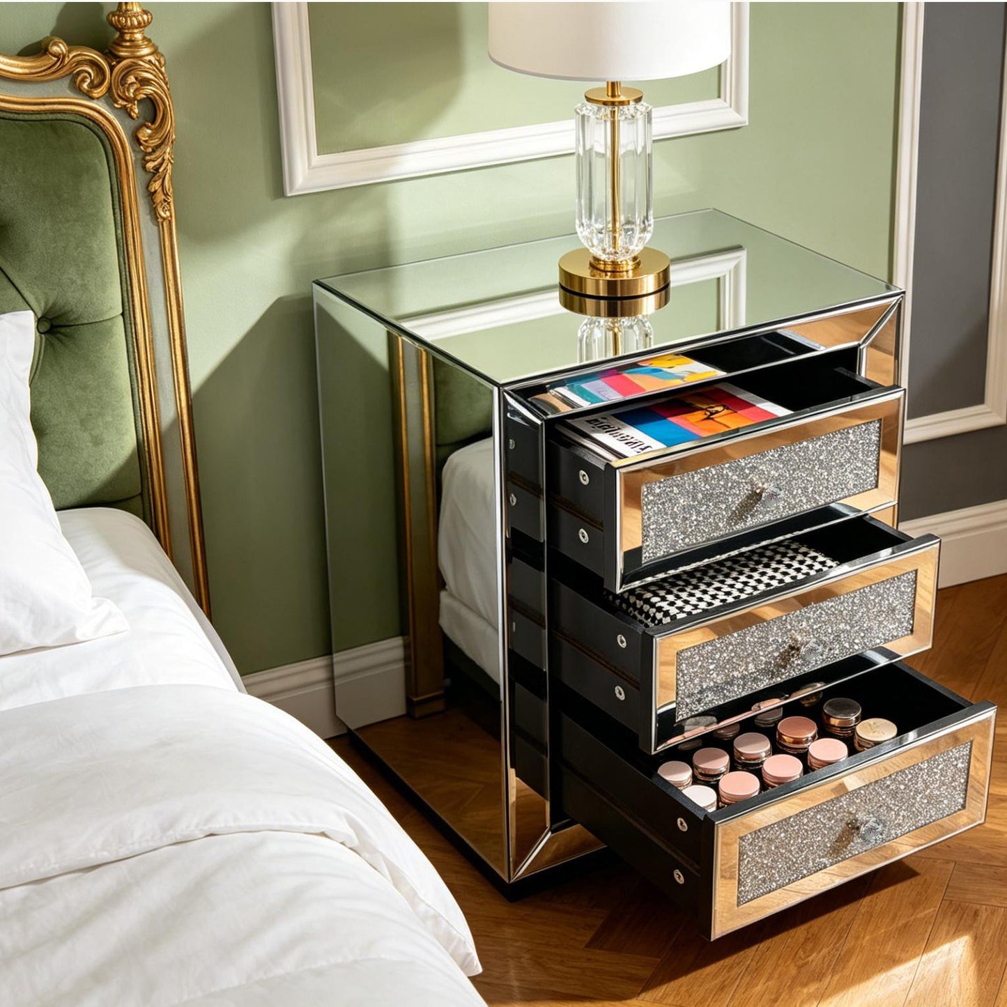 Mirrored Nightstand 3 Drawer, Silver Mirror Finish Bedroom Side Table with Crystal Handles for Living Room, Apartment, Office. Silver. image 5