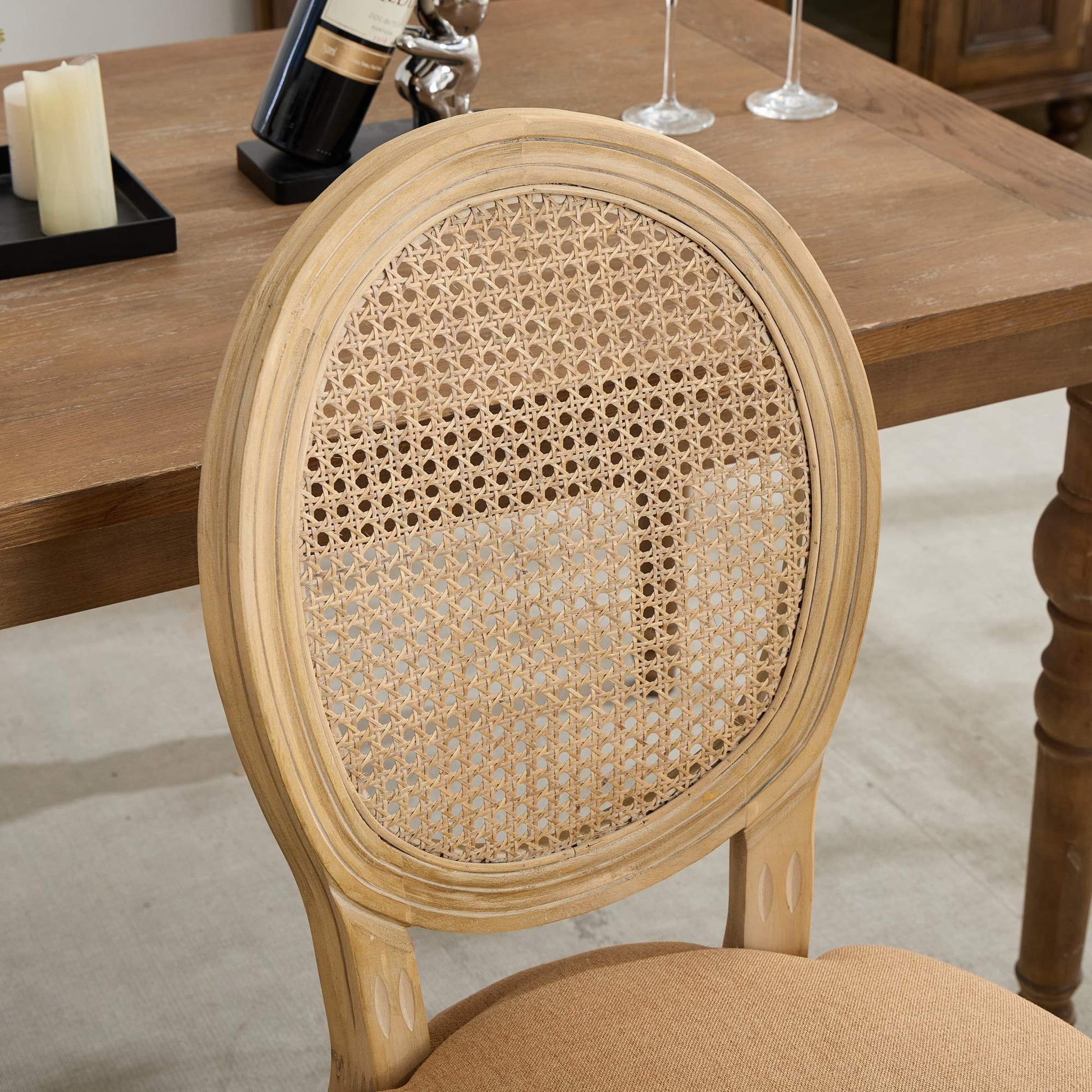 A&A Furniture,French Style Solid Wood Frame Antique Painting Linen Fabric Rattan Back Dining Chair,Set of 2,Tan image 10