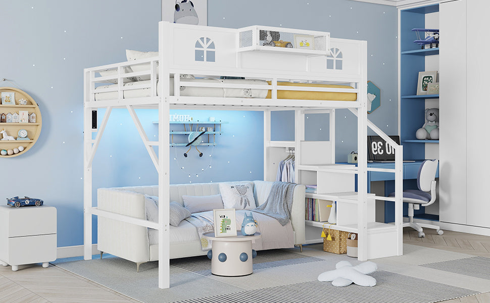 Full Size Loft Bed with Stairs, Metal Full Loft Bed with High and House Shaped Guardrails, High Loft Bed with Wardrobe for Kids Teens, White (Old SKU W2593S00037 Expect Arrival Datee2026/3/17) image 6