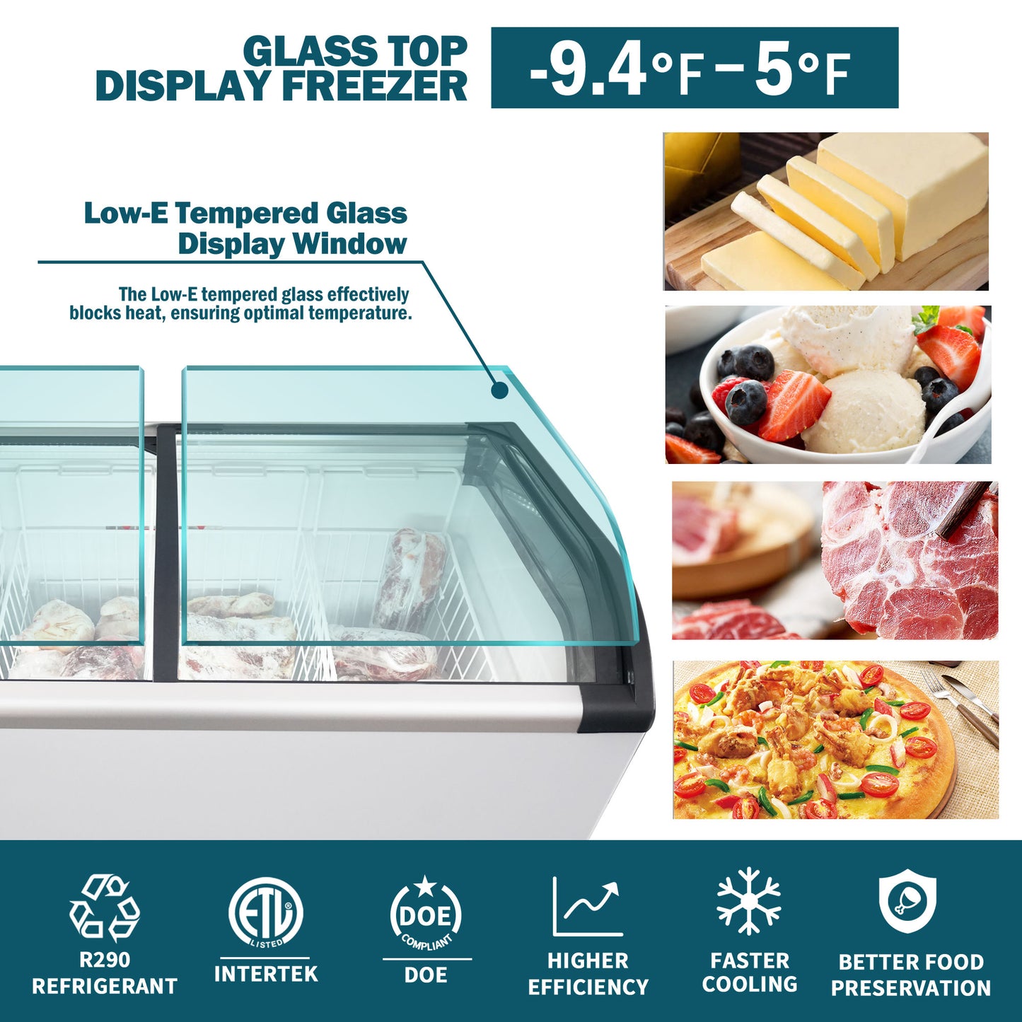 Curved Top Display Freezer 9.8 Cu.ft Sliding Glass Lid Ice Cream Freezers Commercial Mobile Chest Freezer with LED Lighting image 6