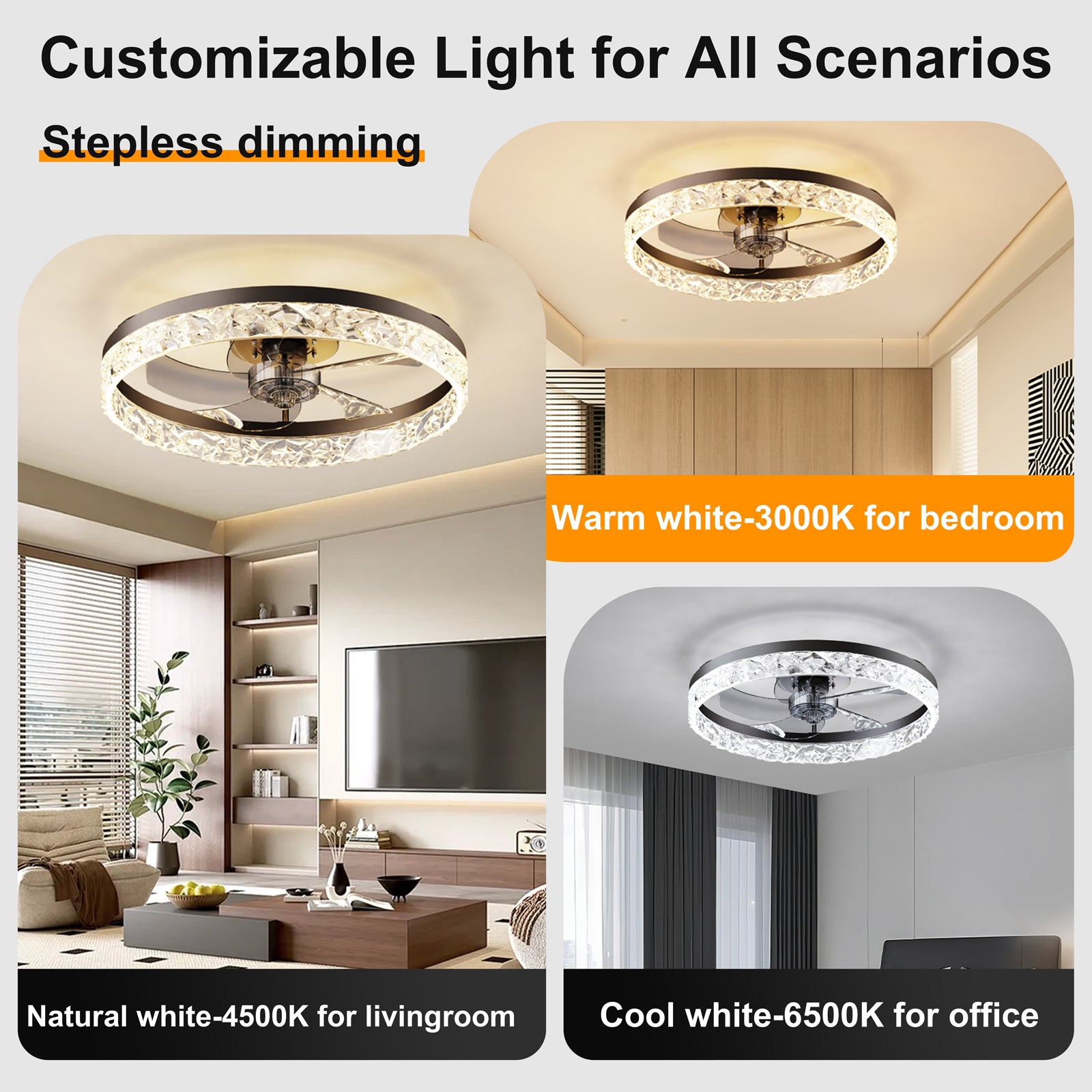 19.7" Ceiling Fans with Lights Remote and APP Control, Dimmable 3-Color and 6-Speed quiet DC Motor, BLACK Ceiling Fan for Living Room Bedroom image 3