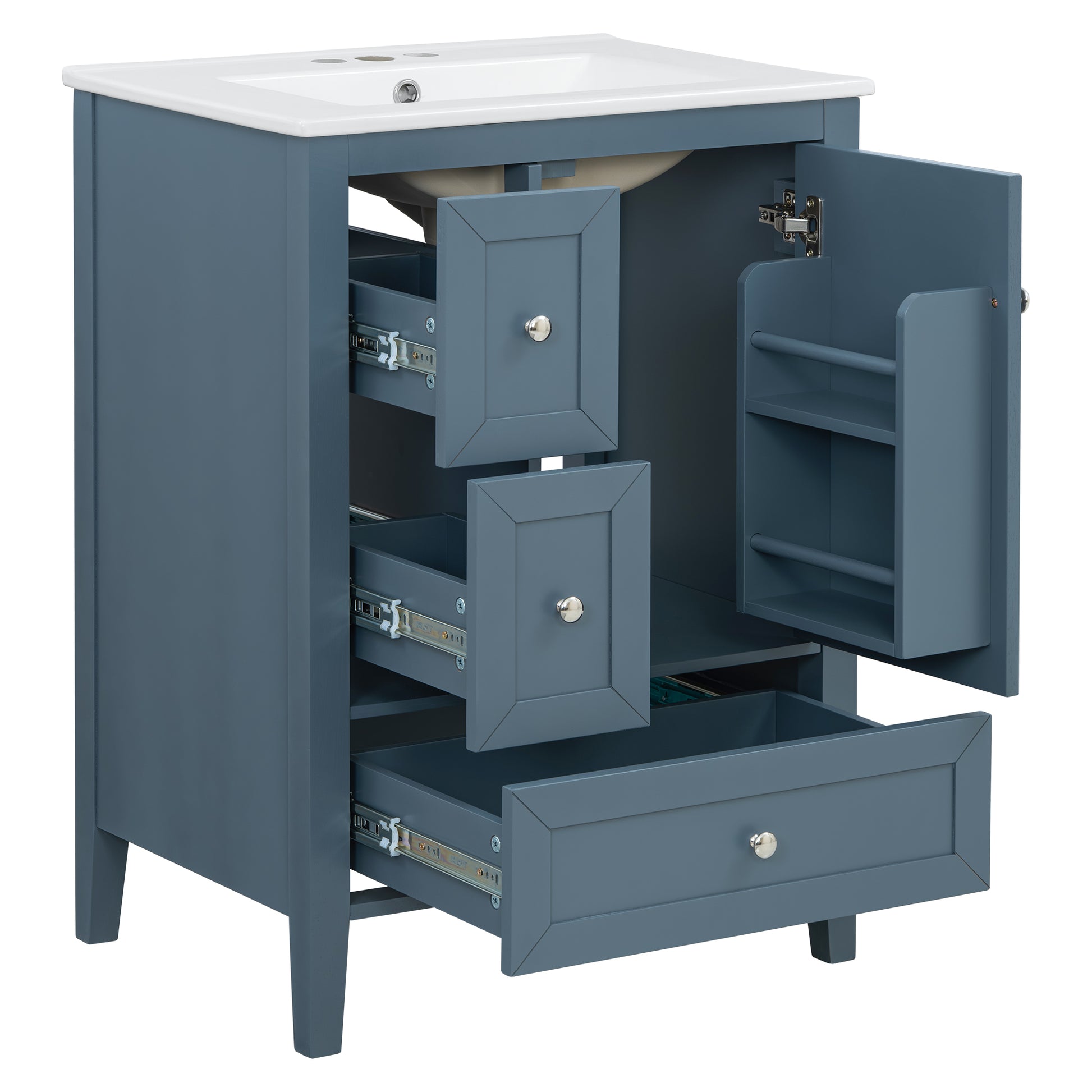 [Video] 24" Modern Blue Gray Bathroom Vanity with Ceramic Sink, Solid Wood Legs, Soft-Close Drawers & Door, Storage Rack, Painted Surface Finish image 11