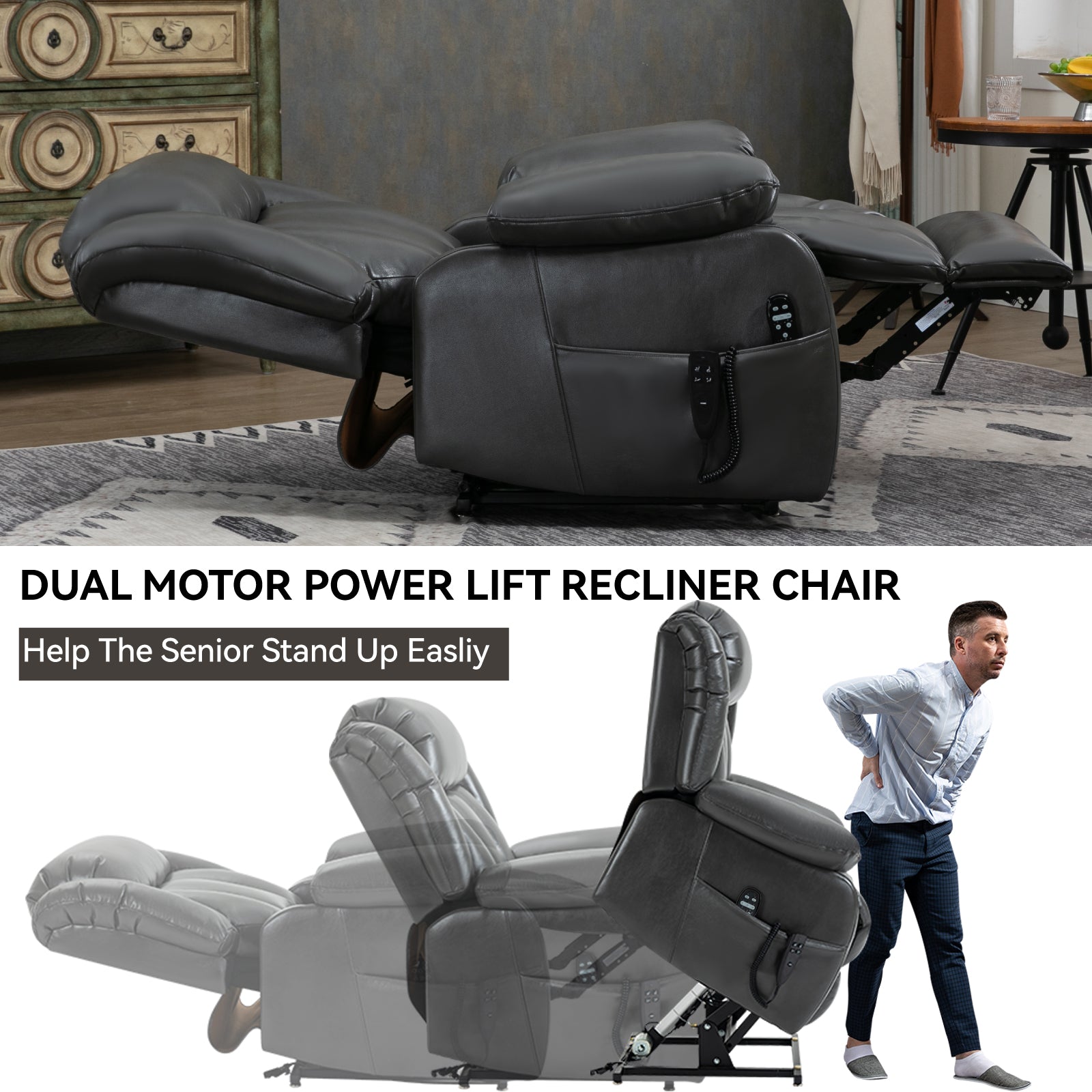 Dual Motor Infinite Position Up to 350 LBS Electric Medium size Leatheraire Grey Power Lift Recliner Chair with 8-Point Vibration Massage and Lumbar Heating image 4