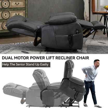 Dual Motor Infinite Position Up to 350 LBS Electric Medium size Leatheraire Grey Power Lift Recliner Chair with 8-Point Vibration Massage and Lumbar Heating image 4