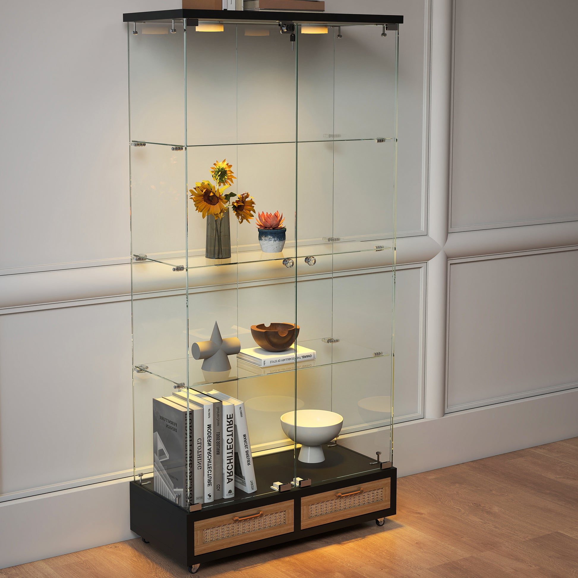 Modern Glass Display Cabinet with Large Drawers,Quick-assembly Antique Cabinet with LED lights,Tempered Glass Bookshelf,2-Door Storage Case with 4 Shelves for Living Room and Bedroom,black and natural image 6