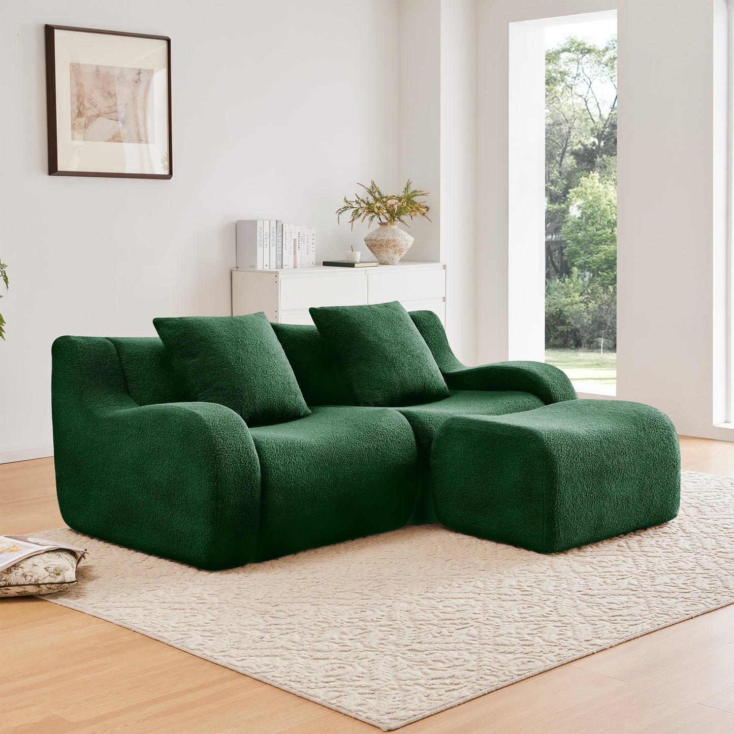 L-Shaped Teddy Fabric 2-Seat Boneless Sofa,No Assembly Required Curved Armrest,Streamlined Design Ergonomic Design,32D High Density Sponge For Living Rooms Rest Areas Bedroom,Green image 1