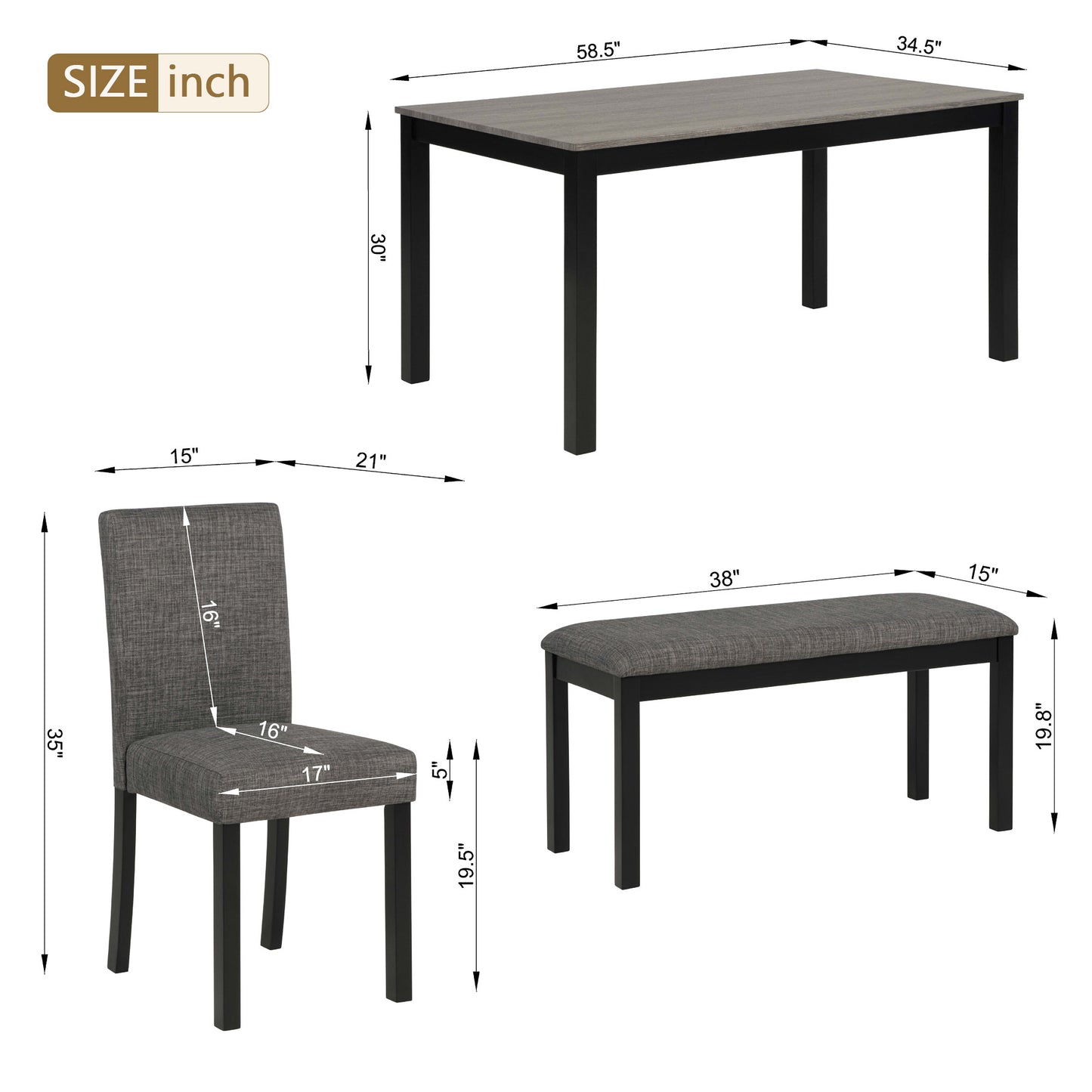 6-Piece Dining Table Set with Bench and Chairs, Dining Table Set for 6 with Bench, Wooden Dining Table Set for Kitchen, Dining Room, Light Grey & Black Two Tone image 8
