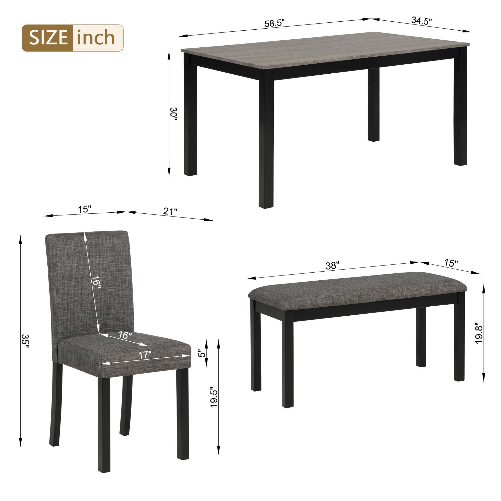 6-Piece Dining Table Set with Bench and Chairs, Dining Table Set for 6 with Bench, Wooden Dining Table Set for Kitchen, Dining Room, Light Grey & Black Two Tone image 8