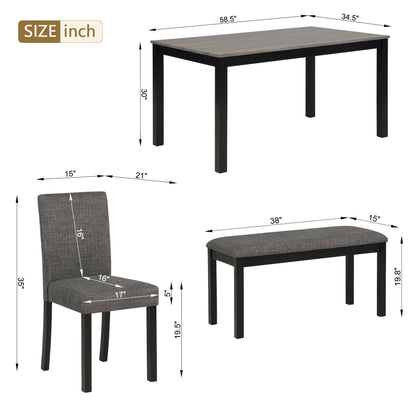 6-Piece Dining Table Set with Bench and Chairs, Dining Table Set for 6 with Bench, Wooden Dining Table Set for Kitchen, Dining Room, Light Grey & Black Two Tone image 8