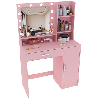 Vanity Desk with Mirror & Light, Large Drawer Three Level Storage Dresser, 3 Lighting Modes Adjustable Brightness, Bedroom Dressing Table(Pink) image 11
