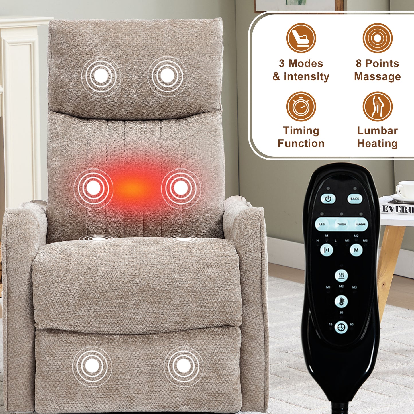 Khaki Heat Massage Manual Recliner Chair with Rocker and Swivel in Fabric for Living Room image 8