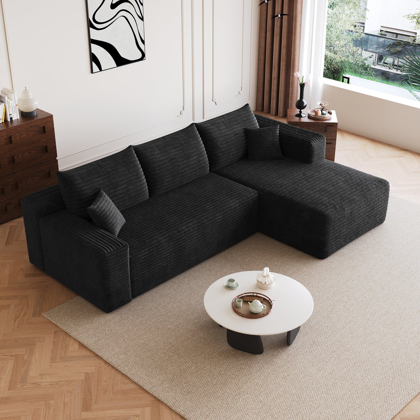 95" Cloud Sectional Sofa,Modern Minimalist Upholstered Couches, Comfort U Shaped Sofa for Living Room,Deep Seat Corner Couch,No Assembly Required,Black (Plush Corduroy Fabric) image 6