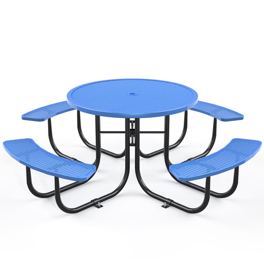 Blue round patio table and chair set with umbrella hole - front view