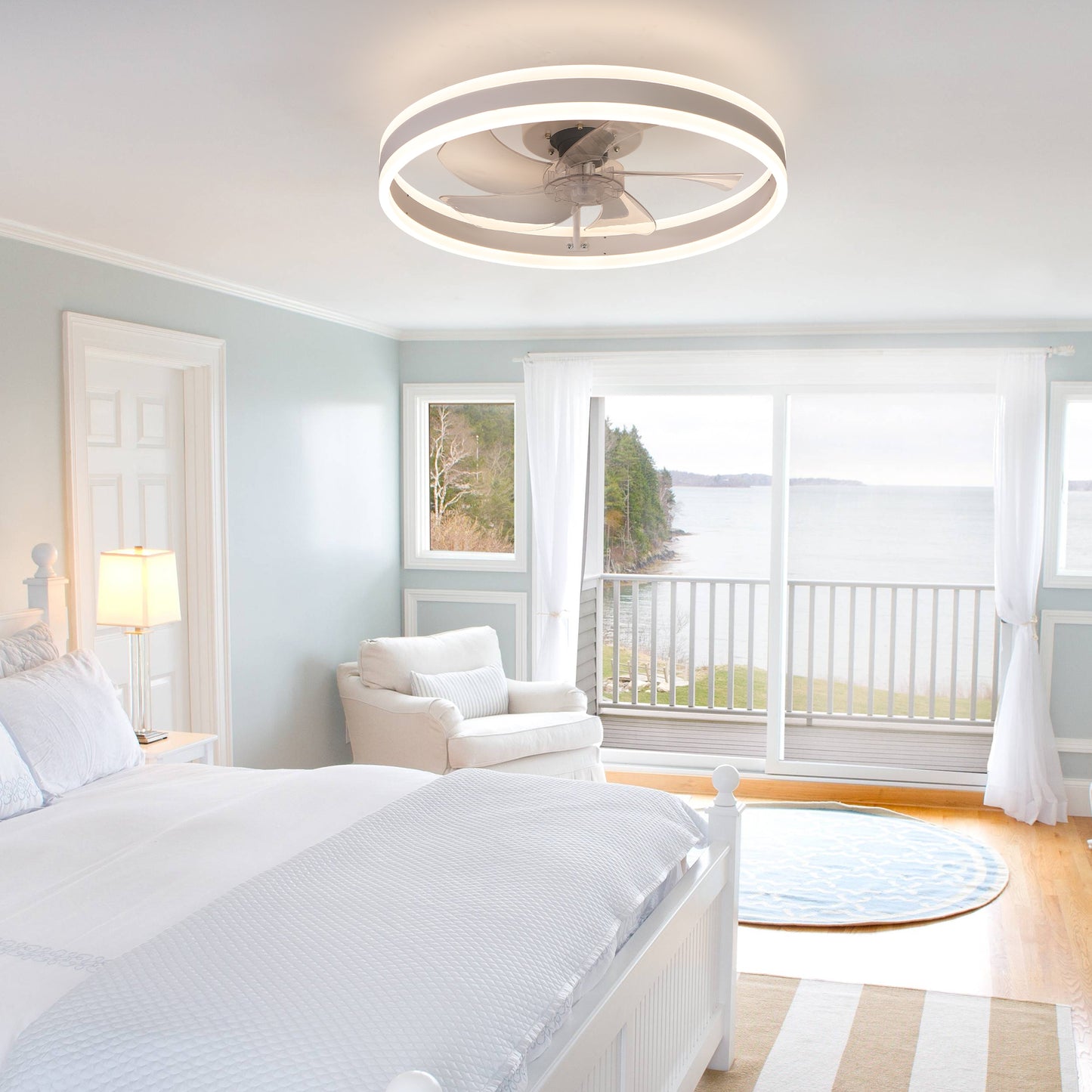 20" Flush Mount Ceiling Fans with Lights and Remote, 3000K-6000K Dimmable LED Fandelier Low Profile Chandelier Ceiling Fan for Bedroom Living Room, White image 3