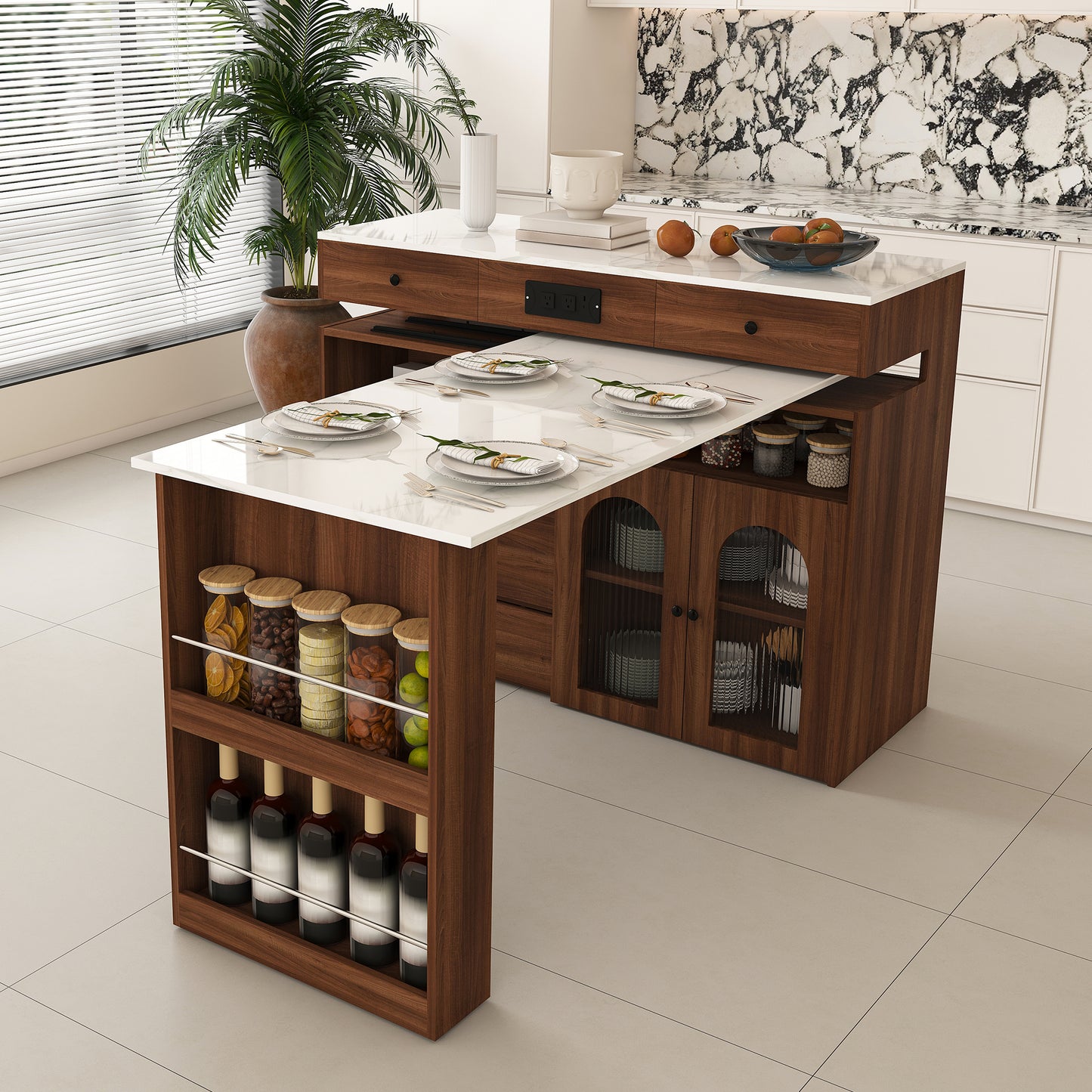 Kitchen Island with Extendable & Rotating Table, MDF with Walnut Veneer Retro Design, 4 Drawers & Glass Door Cabinets with Built-in Socket, Expandable Dining Station for 2-4 Person (Walnut) image 1