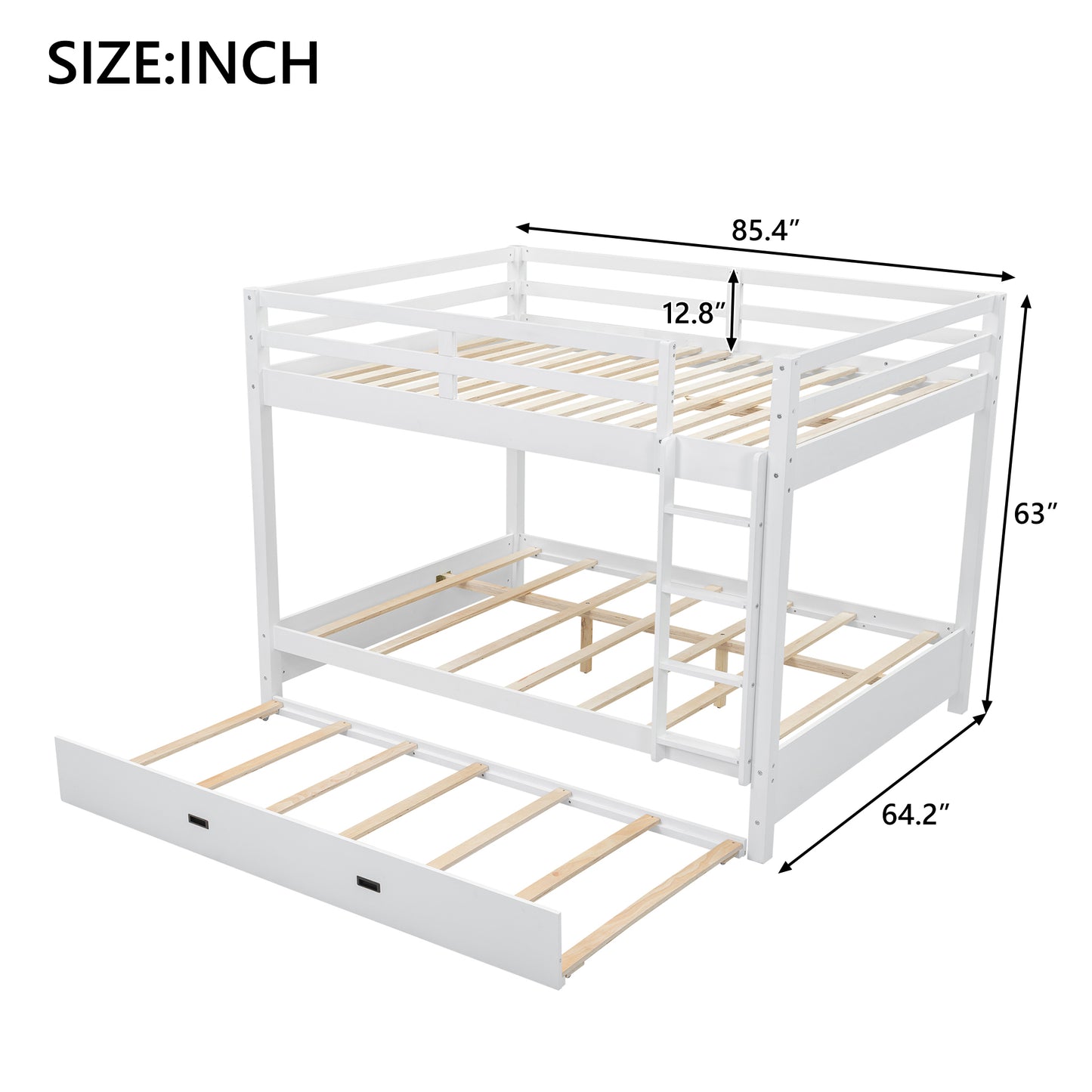 Wood Queen Size Bunk Bed with Ladder and Trundle, White image 10