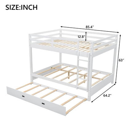 Wood Queen Size Bunk Bed with Ladder and Trundle, White image 10