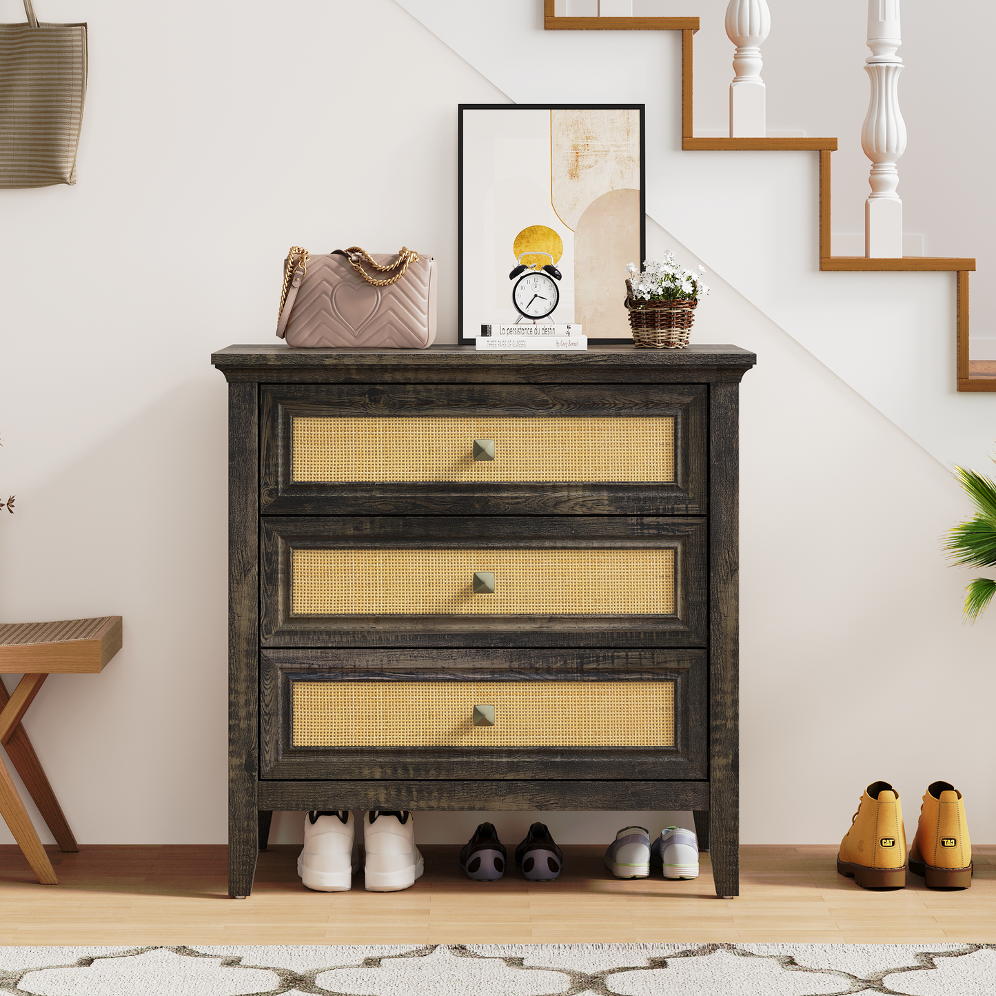 3 Drawer Dresser Rattan Dresser Wood Chest of Drawers Farmhouse Closet Dressers Modern Bedside Table Rustic Nightstand Storage Cabinet for Bedroom, Hallway, Living Room, Dark Rustic Oak image 3